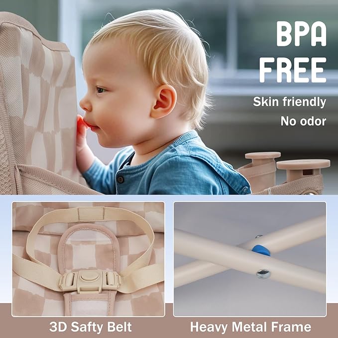 Tiny Marvels 3-in-1 Portable Baby Chair, Foldable Booster Seat with Removable Tray, Safety Harness & Carry Bag for Dining, Travel, Camping, Beach, 6M-3Y (Sand Checker)