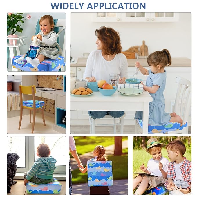 Toddler Booster Seat for Dining Table,4 Inches Washable Double Safer Straps Non-Slip Bottom Booster Seat Dining for Kids, Portable Travel High Density Sponge Detachable Increasing Cushion for Child.
