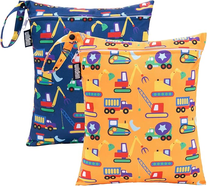 Wildkin Wet Bag Set for Boys, & Girls – Durable Zipper with Snap Loop Handle, Reusable Water-Resistant Bags for Beach, Pool, Travel & Gym - Under Construction