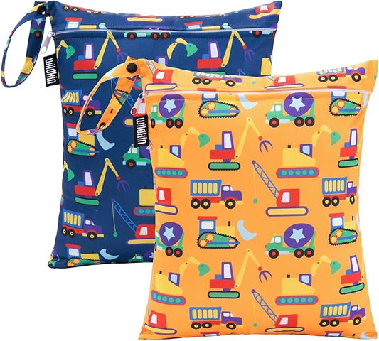 Wildkin Wet Bag Set for Boys, & Girls – Durable Zipper with Snap Loop Handle, Reusable Water-Resistant Bags for Beach, Pool, Travel & Gym - Under Construction