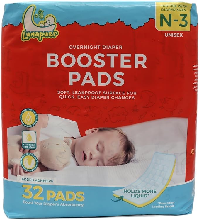 Diaper Booster Pads Overnight, Stop Overnight Leaks, Diaper Inserts with Adhesive for Sensitive Skin – Fits Newborn, Size 1, 2, 3 – Diaper Liners for Baby Boys & Girls – 32 ct