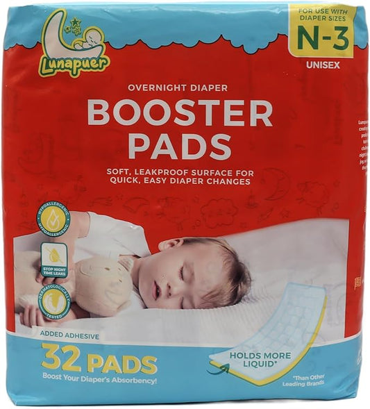 Diaper Booster Pads Overnight, Stop Overnight Leaks, Diaper Inserts with Adhesive for Sensitive Skin – Fits Newborn, Size 1, 2, 3 – Diaper Liners for Baby Boys & Girls – 32 ct