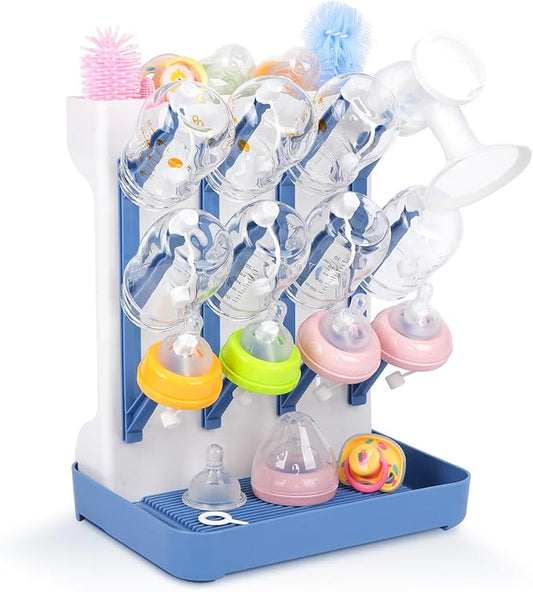 Baby Bottle Drying Rack with Drain Board, Vertical Space Saving Bottle Dryer Holder for Countertop, Large Capacity Organizer Stand for Glass Bottles, Pump Parts, Pacifiers, Cups & Accessories (Blue)