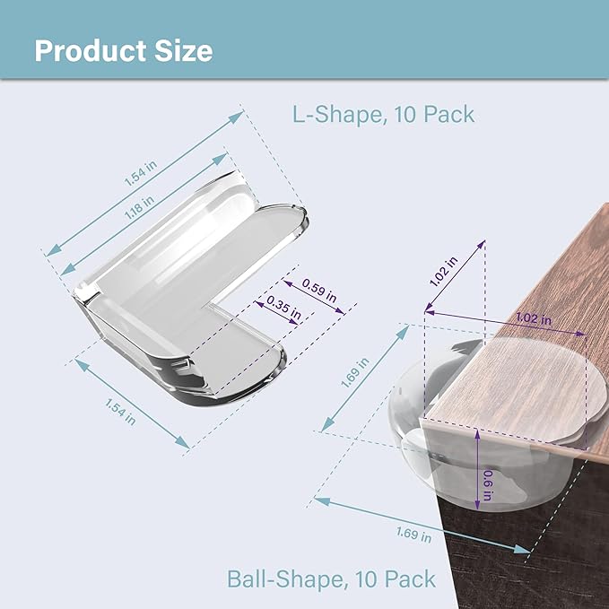 Food-Contact Grade Corner Guards Corner Protectors for Baby, 20 Pack, Clear Furniture & Edge Corner Covers, Adhesive Pre-Taped, BPA-Free, Round Type & L Shape
