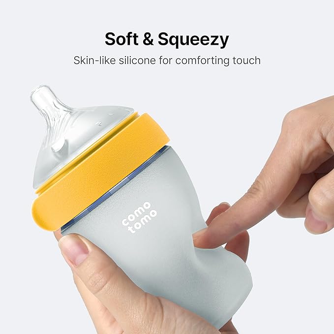 Silicone Baby Bottles Anti Colic Feeding Bundle – Comotomo Gen 2 8oz Baby Bottle Set (2 Pack Yellow) + Fast Flow Replacement Nipples – Breast Like Silicone Bottle for Bottle Feeding Babies
