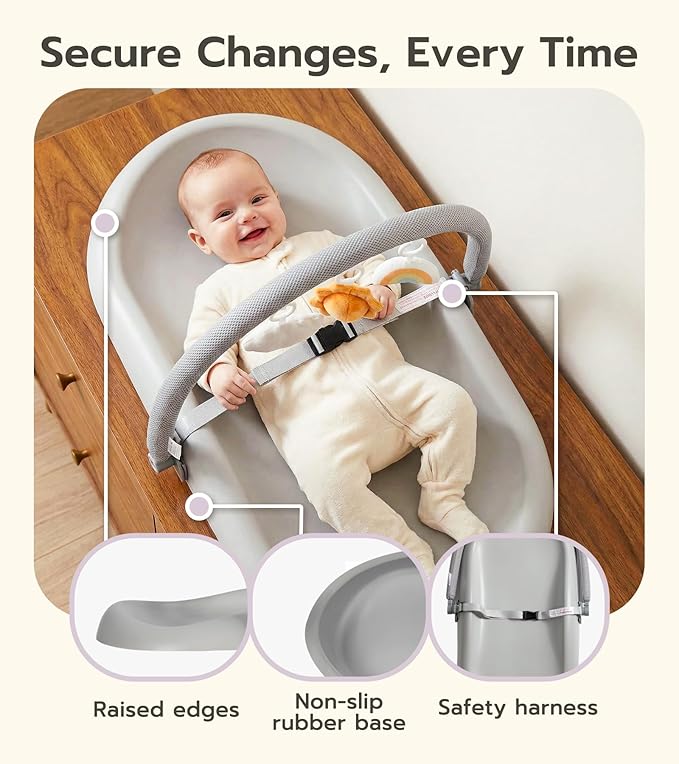 Mallify Wipe-Clean Baby Changing Pad, Waterproof Durable PU Pad, Soft & Non-Slip Safety Belt & Hanging Toys, Easy to Adjust & Removable Bar, Gray