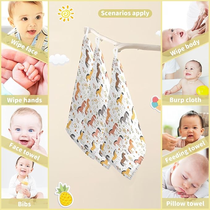 vvfelixl Baby Muslin Washcloths Cartoon Horses Graze Baby Burp Cloths Cotton Babys Face Towel for Newborn Infants Boys Girls Soft and Absorbent 11.8 X 11.8 in, 3 Pack