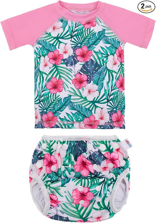 ALVABABY Baby Girl Swimsuit, 2-Piece Infant Toddler Bathing Short Sleeve Swimwear, Small Baby Reusable Swim Diaper with Matching Top