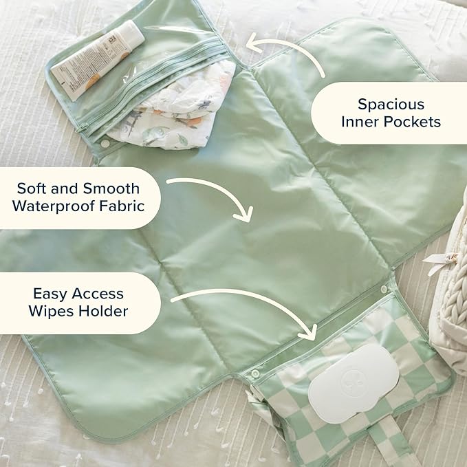 Tiny Twinkle Portable Diaper Changing Pad | Waterproof, Wipeable & Compact Baby Changing Pad for Travel | Smart Wipes Pocket & Organized Storage| Newborn Shower Gift (Beige Checkers)