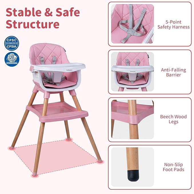 BABY JOY 8-in-1 High Chair, Convertible Wooden Highchairs for Babies and Toddlers | Dining Booster Seat | Toddler Stool, Double Removable Tray, 5-Point Safety Harness & Waterproof PU Cushion (Pink)