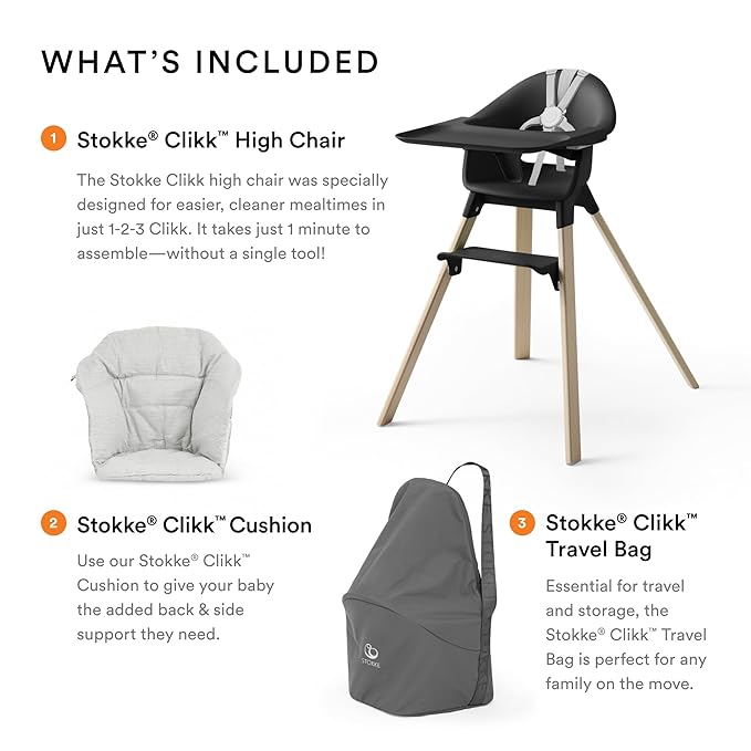 Stokke Clikk High Chair (Black/Natural) with Clikk Cushion (Nordic Grey) + Travel Bag - Includes Tray & Harness - Light, Durable & Travel Friendly - Best for 6-36 Months or Up to 33 lbs