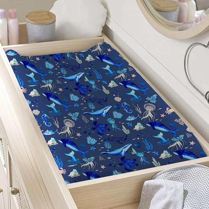 Nautical Animals Life Changing Pad Covers Sea Turtle Whale Jellyfish Sea Horse Weeds Unisex Diaper Change Table Sheets for Boys Girls Soft Breathable Stretch Changing Pad Sheets 32''x16'' Navy