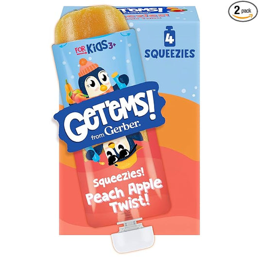 Get'ems from Gerber, Squeezies, Peach Apple Twist Kids Smoothie Pouch, Fruit and Veggie Pouches, Ice Pops, Freezie Fruit Pops, Snacks for Kids, 8-Pack