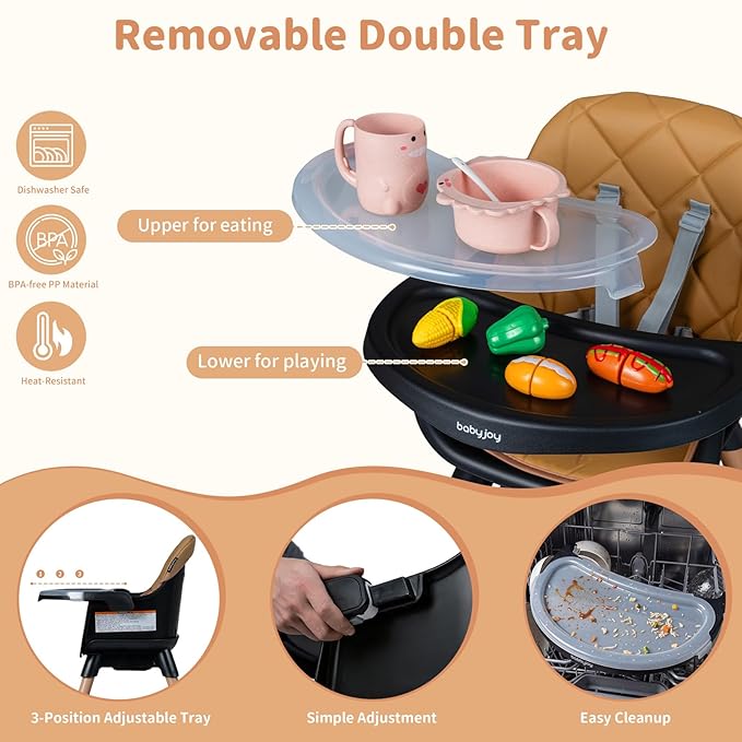 BABY JOY 8-in-1 High Chair, Convertible Wooden Highchairs for Babies and Toddlers | Dining Booster Seat | Toddler Stool, Double Removable Tray, 5-Point Safety Harness & Waterproof PU Cushion (Coffee)