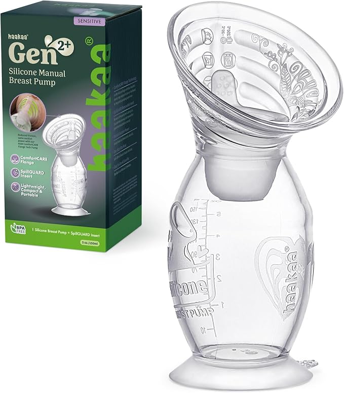 haakaa Gen.2 Plus Upgraded Manual Breast Pump, 5oz/150ml Multi-Ring ComfortCARE Sensitive Silicone Breast Pump with Spill-Guard Insert Set, Patent-Pending Design for Breastfeeding Moms