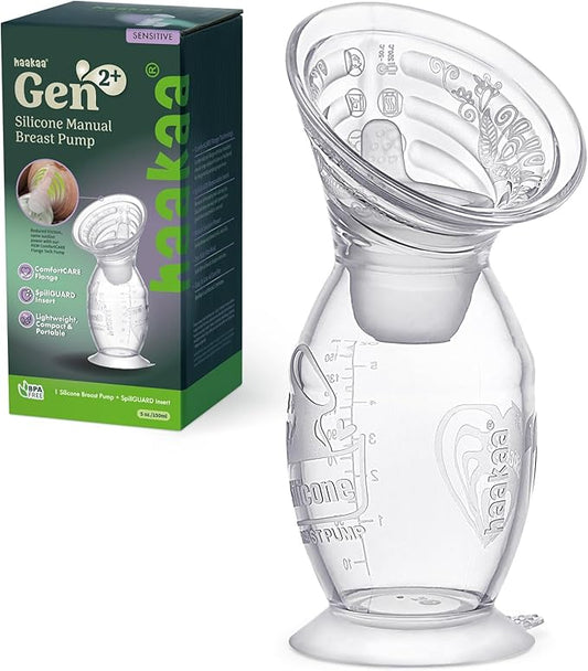 haakaa Gen.2 Plus Upgraded Manual Breast Pump, 5oz/150ml Multi-Ring ComfortCARE Sensitive Silicone Breast Pump with Spill-Guard Insert Set, Patent-Pending Design for Breastfeeding Moms