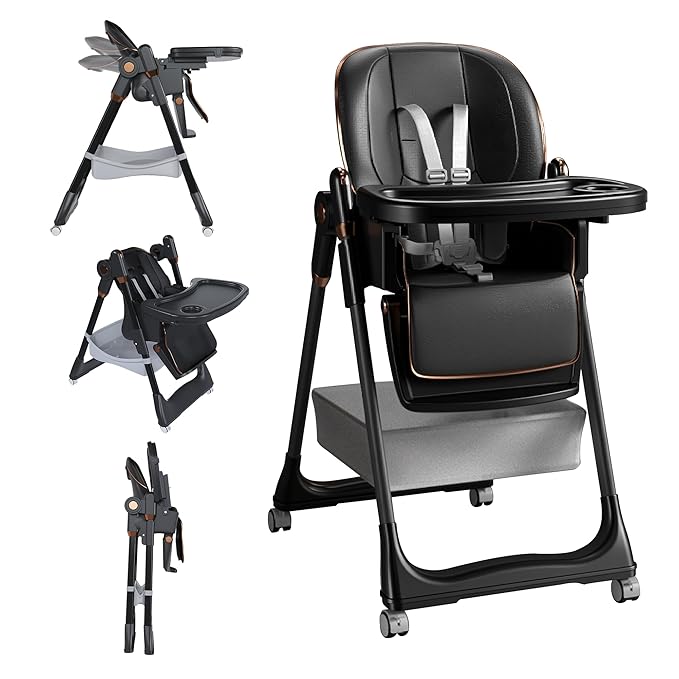 3-in-1 Foldable High Chair for Babies & Toddlers, Adjustable Height, Reclining Seat, Wheels with Safety Locks, Removable Tray, Space-Saving Multifunctional Baby Dining Chair (Black)
