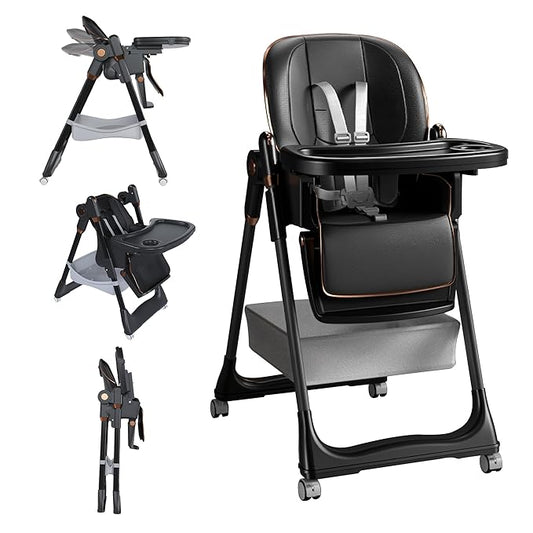 3-in-1 Foldable High Chair for Babies & Toddlers, Adjustable Height, Reclining Seat, Wheels with Safety Locks, Removable Tray, Space-Saving Multifunctional Baby Dining Chair (Black)