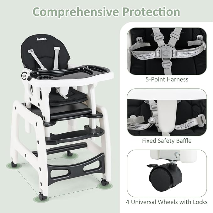 INFANS 5 in 1 Baby High Chair, Convertible Toddler Table Chair Set, Rocking Chair, Multi-Function Seat with Lockable Universal Wheels, Adjustable Seat Back, Removable Trays
