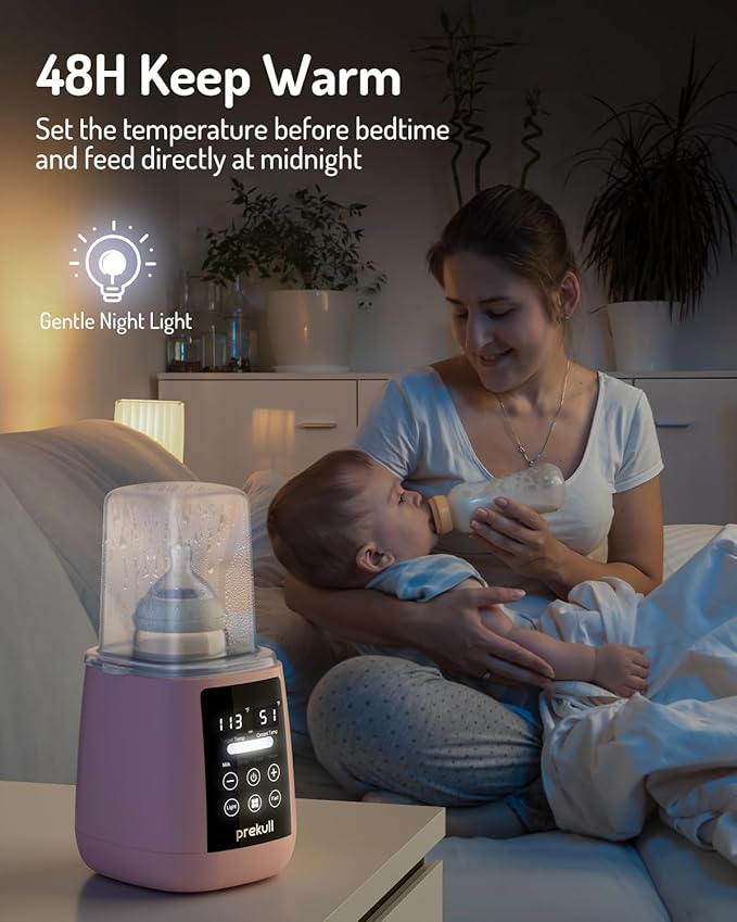 Bottle Warmer, prekull Fast Baby Bottle Warmer with Accurate Temp Control for Breastmilk, Formula, 48H Thermostat Milk Warmer with Thaw, Night Light, Multifunctional Bottle Warmer for All Bottles-Pink
