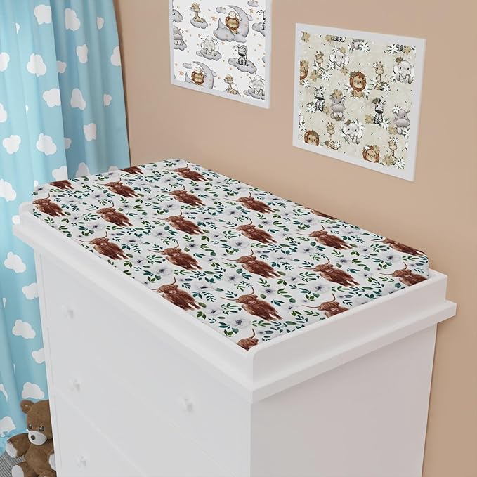 Highland Cows White Poppy Changing Pad Cover Cute Yak Boho Floral Diaper Changing Table Cover Sheets for Boys Girls Soft Breathable Stretchy Fitted Changing Table Mats 32''x16''