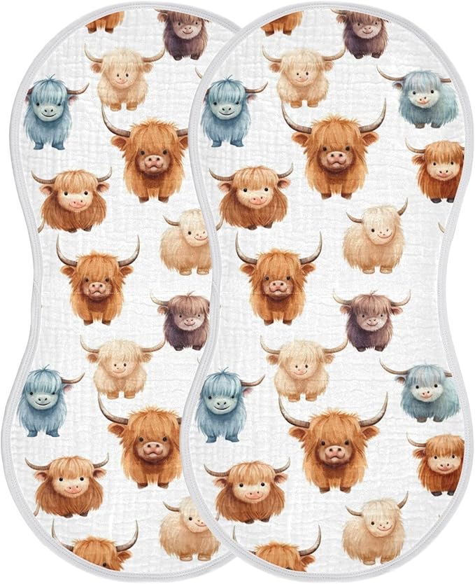 4Pcs Cute Highland Cow Pattern Burp Cloth,Unisex Large Absorbent Soft Cotton Muslin Burping Cloths for Newborn Boys Girls,11x22in,A110858