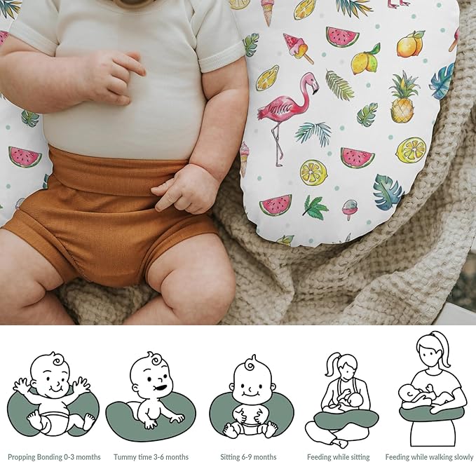Pink Flamingo Tropical Flowers Leaves Baby Nursing Pillow Covers for Boy Girl Summer Birds Fruits Nursery Pillowcase for Breastfeeding Pillows Boho Beach Vacation Soft Stretchy Slipcovers for Newborn