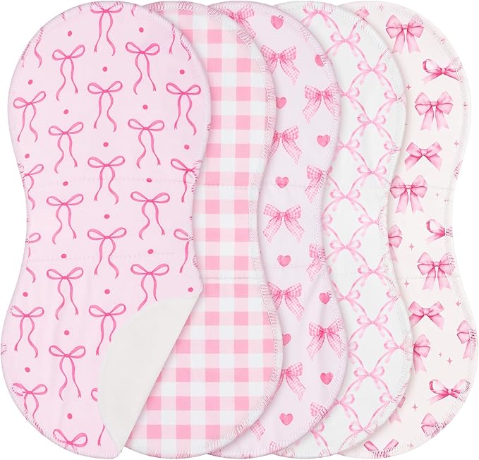 SmoothNovelty 5 Pack Pink Bow Baby Burp Cloths Soft Absorbent Burping Rags for Newborns 19"x9" Spit up Cloths for Boy Girl Newborn Baby Shower Registry Gifts Set Nursery Decor