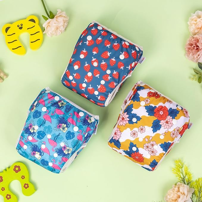 ALVABABY 3 Pack Swim Diapers, Baby/Toddler/Infant Snap Adjustable Reusable Swimming Diaper Baby Gift for Boy and Girl Small 3SWY40