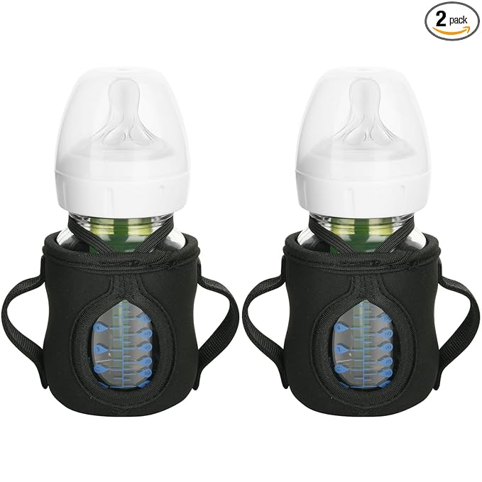 Beautyflier Glass Baby Bottle Sleeve Covers for Dr. Brown's Natural Flow Anti-Colic Wide-Neck Glass Baby Bottles, 3.3mm Thicken Heat and Cold Retention Baby Bottle Sleeve (Black, 2pcs, 5oz/150 mL)