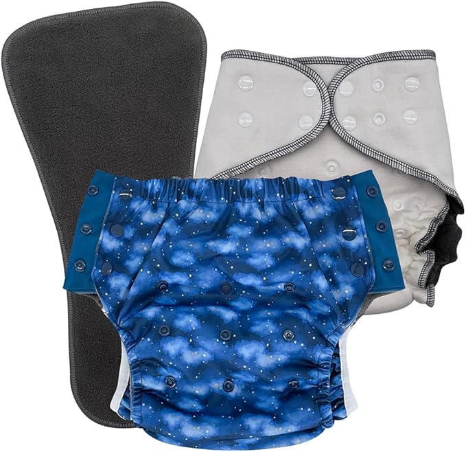 EcoAble Nighttime Cloth Diaper Set for Big Kids, Age 6–16 | Special Needs Protective Briefs for Incontinence & Bedwetting (Starry Night, Junior 1)