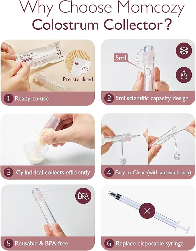 Momcozy Colostrum Collector Reusable Breast Milk Collector with Storage Case and Cotton Wipe, Portable Colostrum Container BPA Free, Multi-Use Collector 5ml-12pcs