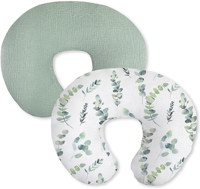 Little Grape Land Muslin Nursing Pillow Covers 2 Pack, 100% Cotton Removable Breastfeeding Pillow Covers, Feeding Pillow Slipcovers for Baby Boys & Girls, (Leaves & Green)