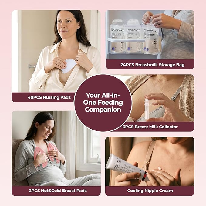 Momcozy 73pc Postpartum Essentials Kit, Initiate breastfeeding for New Moms, Hospital Bag Must Haves with Nursing Pads, Hot & Cold Breast Pads, Nipple Cream, Colostrum Collectors and Milk Storage Bags