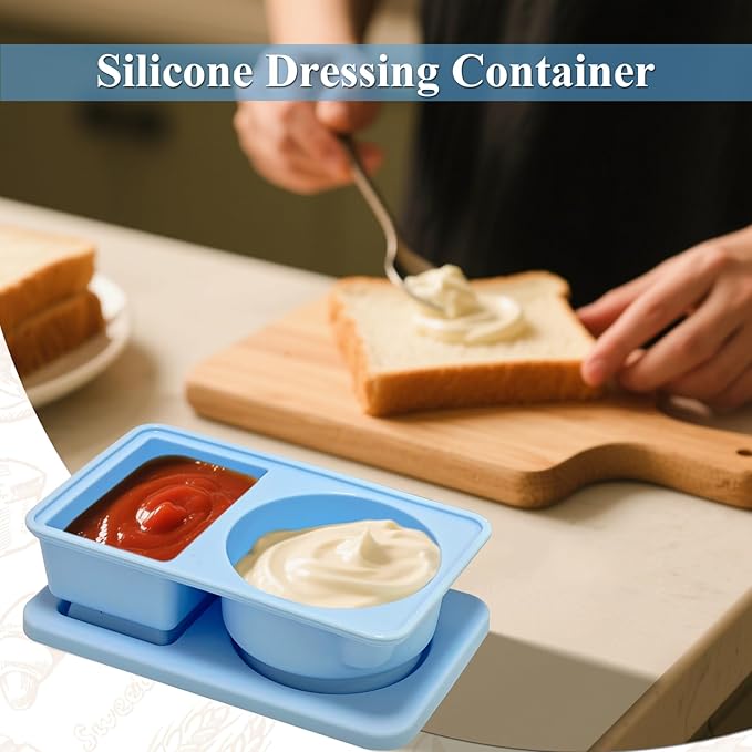 Gute Silicone Reusable Snack Containers with Lids, Small Mini Double Compartment Sauce Cups for Salad Dressing, Lunch, Travel, Gym - 2 Pack(Blue)