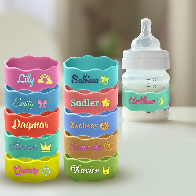 Personalized Water Bottle Labels Washable Daycare Essentials Cute Sippy Cup Strap Non-Slip Silicone Daycare Labels Waterproof Bottle Name Bands