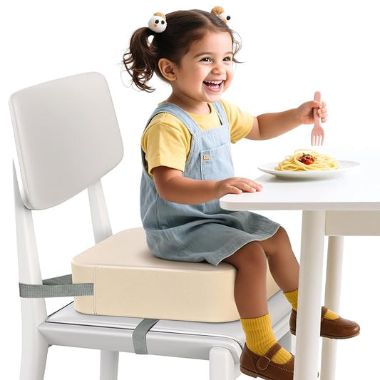 Toddler Booster Seat for Dining Table and Kitchen Chair – Adjustable Safety Straps, PU Leather, Non-Slip, Easy to Clean, Portable Travel Foam Booster Cushion for Kids & Toddlers (Light Yellow)