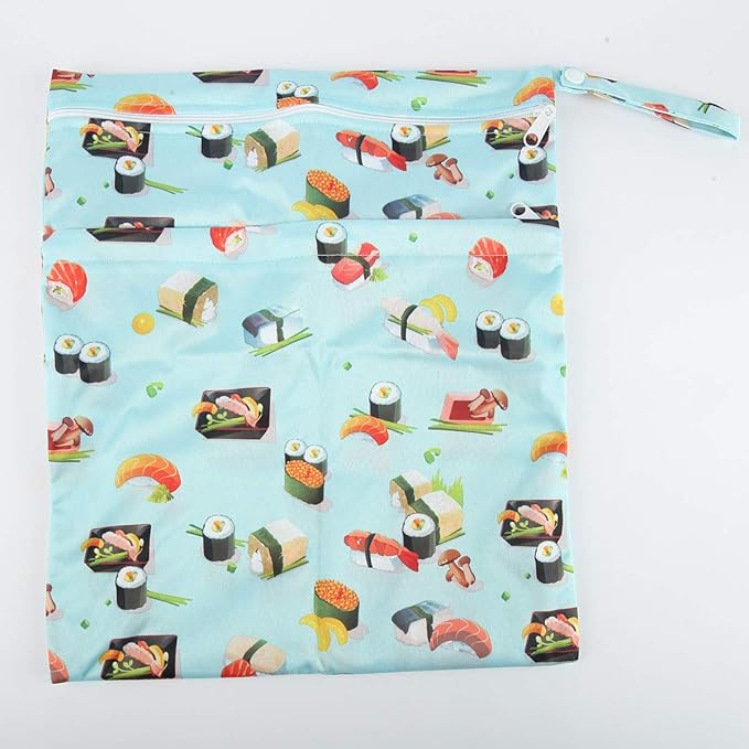 Wet Dry Bag Baby Cloth Diaper Nappy Insert Reusable Washable (Blue Sushi)