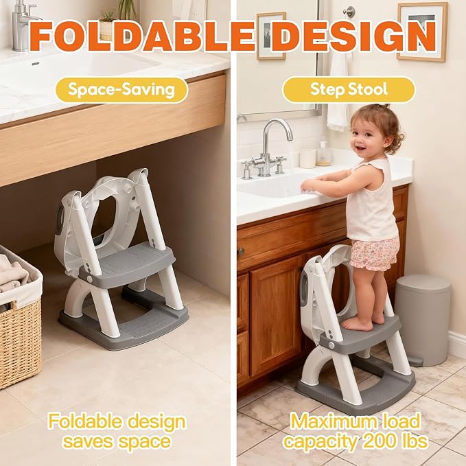 Potty Training Seat, SKYROKU Upgrade Toddler Toilet Seat for Kids Boys Girls, 2 in 1 Potty Training Toilet, Splash Guard Anti-Slip Pad Step Stool,New Sector-Shape Stabilized Base (8899+Grey)