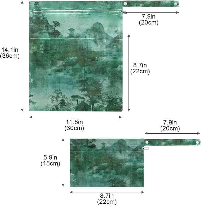 Green Chinese Style Landscape Painting waterproof wet diaper bag 2 Pack travel essentials for baby with handles for pool, beach
