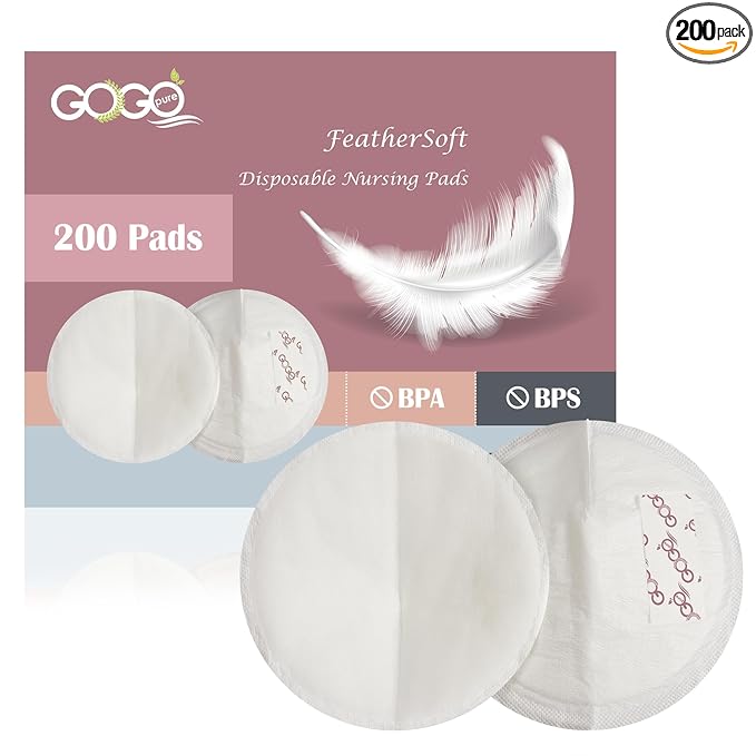 GoGo Pure 200CT FeatherSoft Disposable Nursing Pads, Ultra-Thin, Quick Absorbency, 5.12 Inches in Diameter Full Coverage, 3D Contoured Design, Extra Comfort, Individually Wrapped