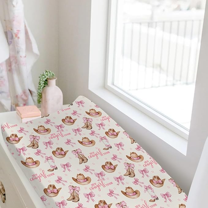 Baby Girls Changing Pad Covers Western New Cowgirl in Town, Pink Bow Ribbon Boot Hat Safe Snug Fitted Diaper Table Sheet, Soft Breathable Stretchy Change Mat Shower Gift Fit 32 34 x 16