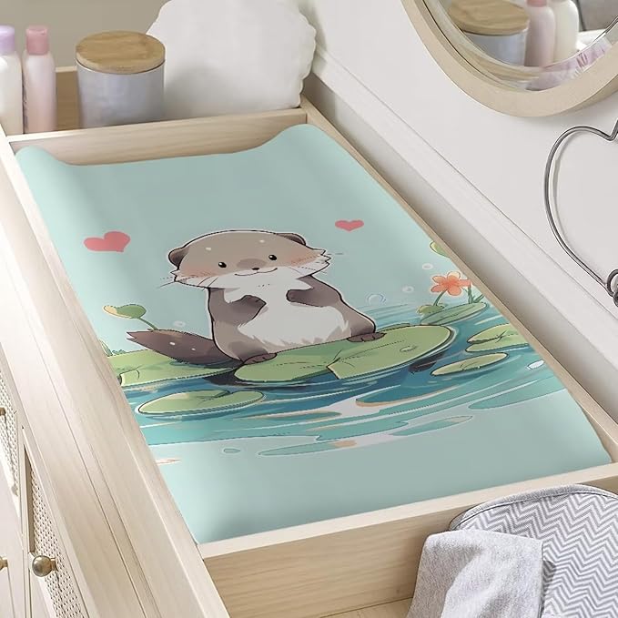Heart Otter Changing Pad Covers, Ultra Soft Baby Diaper Change Table Non Slip Contoured Pad Covers for Baby Boys Girls