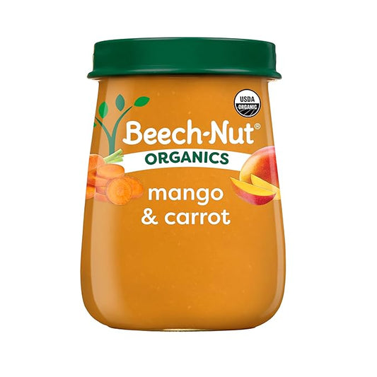 Beech-Nut Organic Baby Food Jars, Organic Mango & Carrot Baby Puree, Stage 2 for Babies 6 Months and Up, Non-GMO, 4oz Glass Baby Food Jars, 10ct