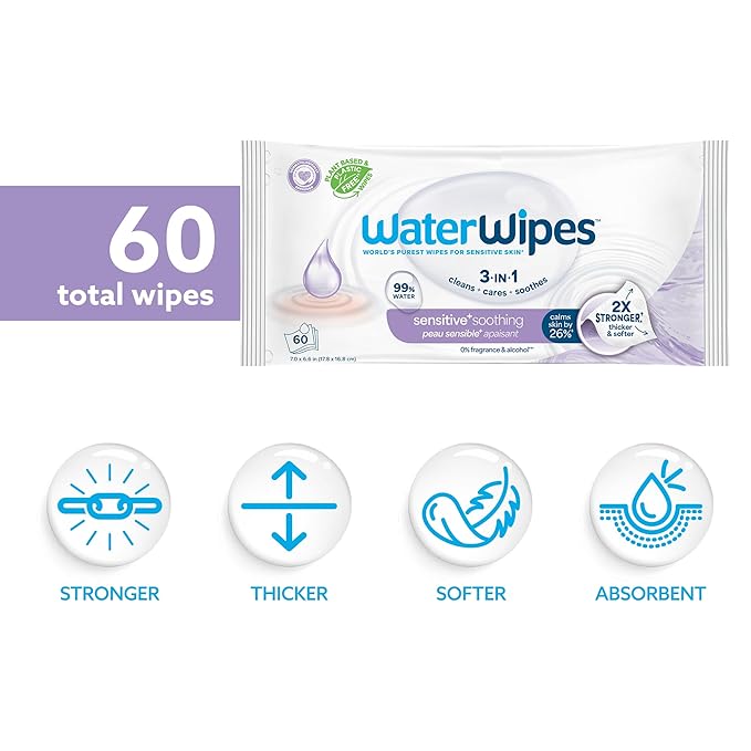 WaterWipes Sensitive+ Soothing Wipes, 3-In-1 Cleans, Cares, Soothes, 99% Water with Botanical Extract, Unscented & Hypoallergenic Baby Wipes, 60 Count (1 Pack)