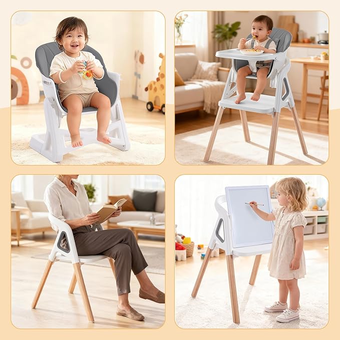 Baby High Chair, 4 in 1 Wooden Convertible High Chair for Babies and Toddlers with Erase Board, Highchair for Baby & Toddler, 5-Point Safety Belt & Waterproof PU Cushion (Grey)