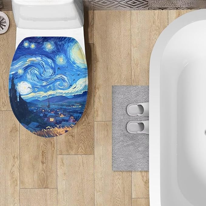 Starry Night Print Toilet Lid Cover Flannel Fabric Toilet Cover Set Stretch Washable Protector Cover Suitable for Home School Hotel Dormitory Apartment Bathroom Decoration