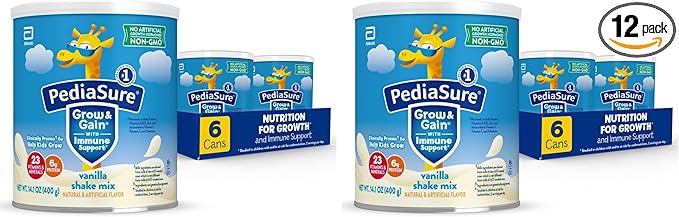 PediaSure Grow & Gain with Immune Support Shake Mix Powder,23 Vitamins & Minerals,6g Protein,Non-GMO,Gluten-Free,Kids Nutrition,Vanilla,14.1 oz Can-48 Servings,(Pack of 12)