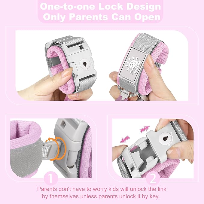 Toddler Harness Walking Leash- Child Anti Lost Wrist Link - Child Safety Harness - Upgrade with Reflective(6.5ft) - for Boys and Girls,Not Easy to Open Without Key (Light Pink)