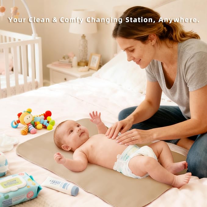 Elantrip Changing Pad for Bed - Leather Changing Pad for Baby, Portable Baby Changing Mat Travel, Compact Diaper Change Mat, Fits Diaper Bag Beige